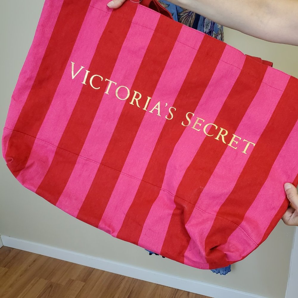 Victoria's Secret Weekender Tote Pink/ Red Striped Canvas Travel Bag XL 16"x20" - Picture 3 of 5